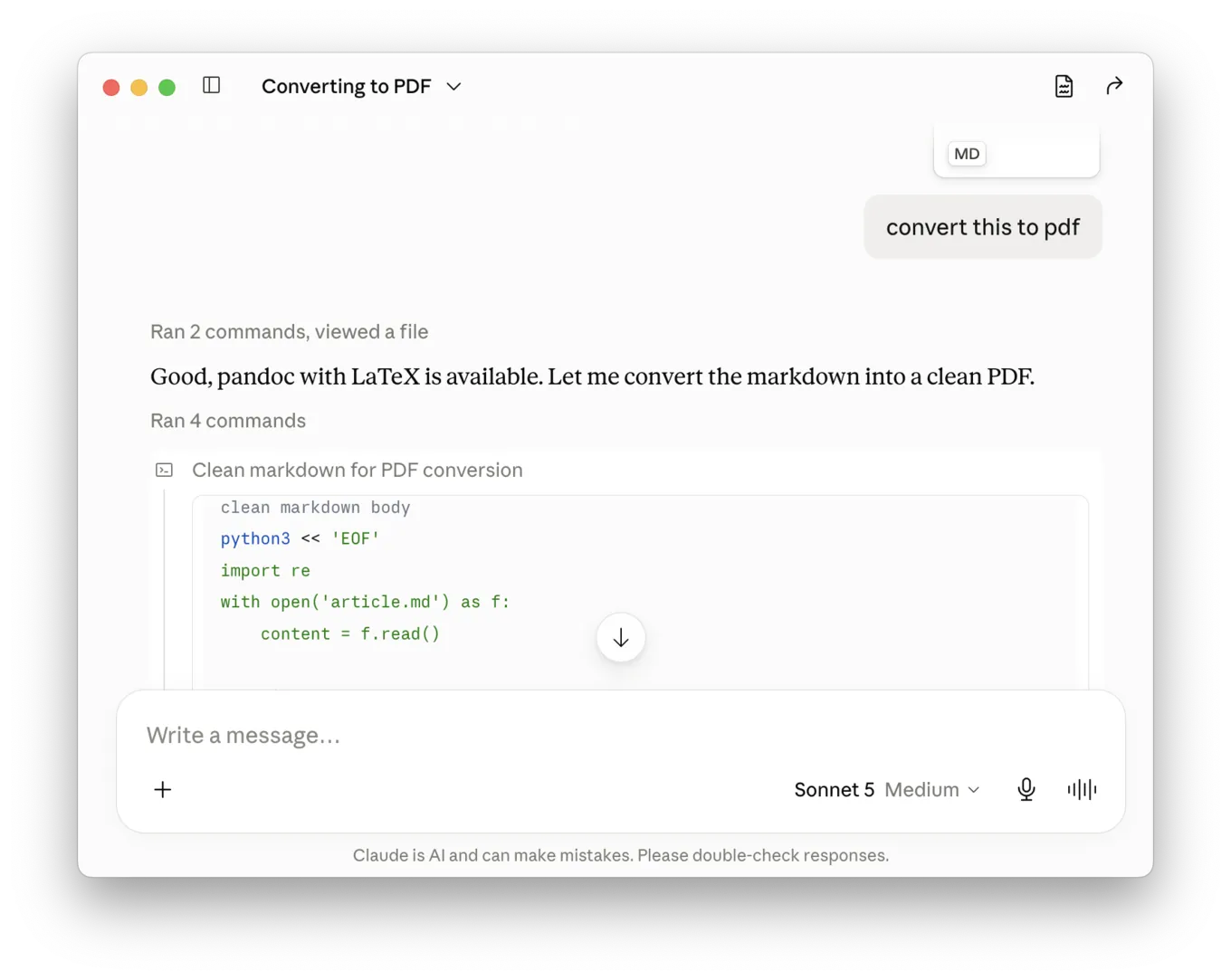 Claude writing and running a script to convert a markdown file to PDF